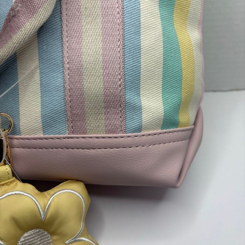 Betsey Johnson Canvas Tote Colorful Rainbow Stripe Floral Bag Charm NWT - Picture 6 of 14